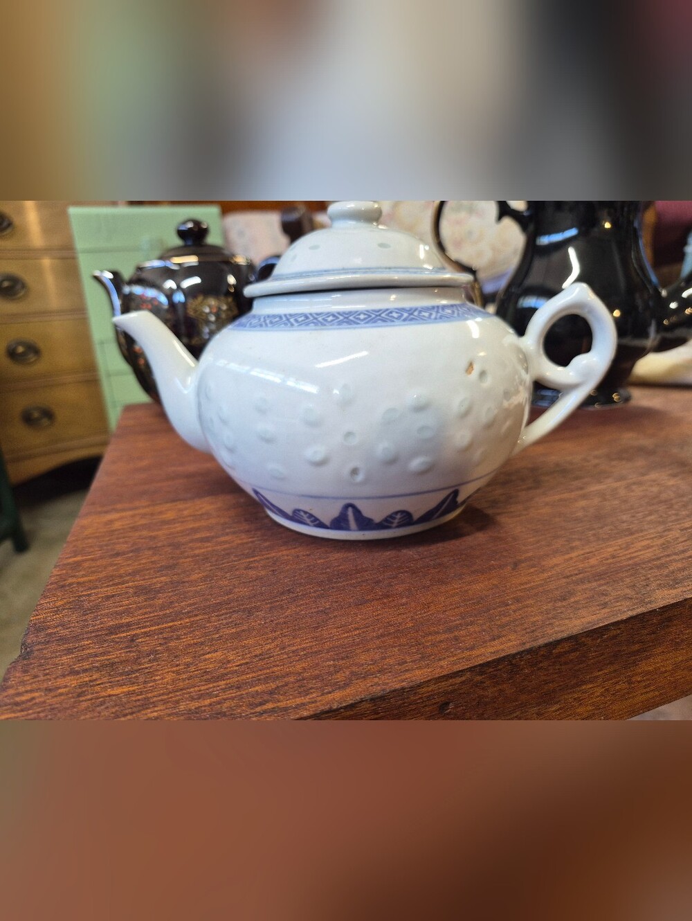 White and Blue Porcelain Teapot - Classic Home Art Accent